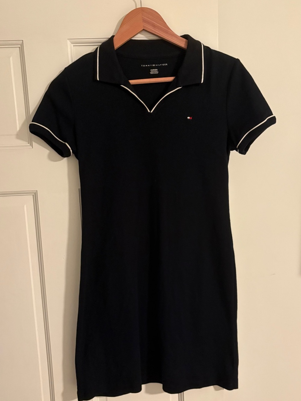 Tommy Hilfiger Women’s PM Black Polo Dress White Piping 100% Cotton Petite